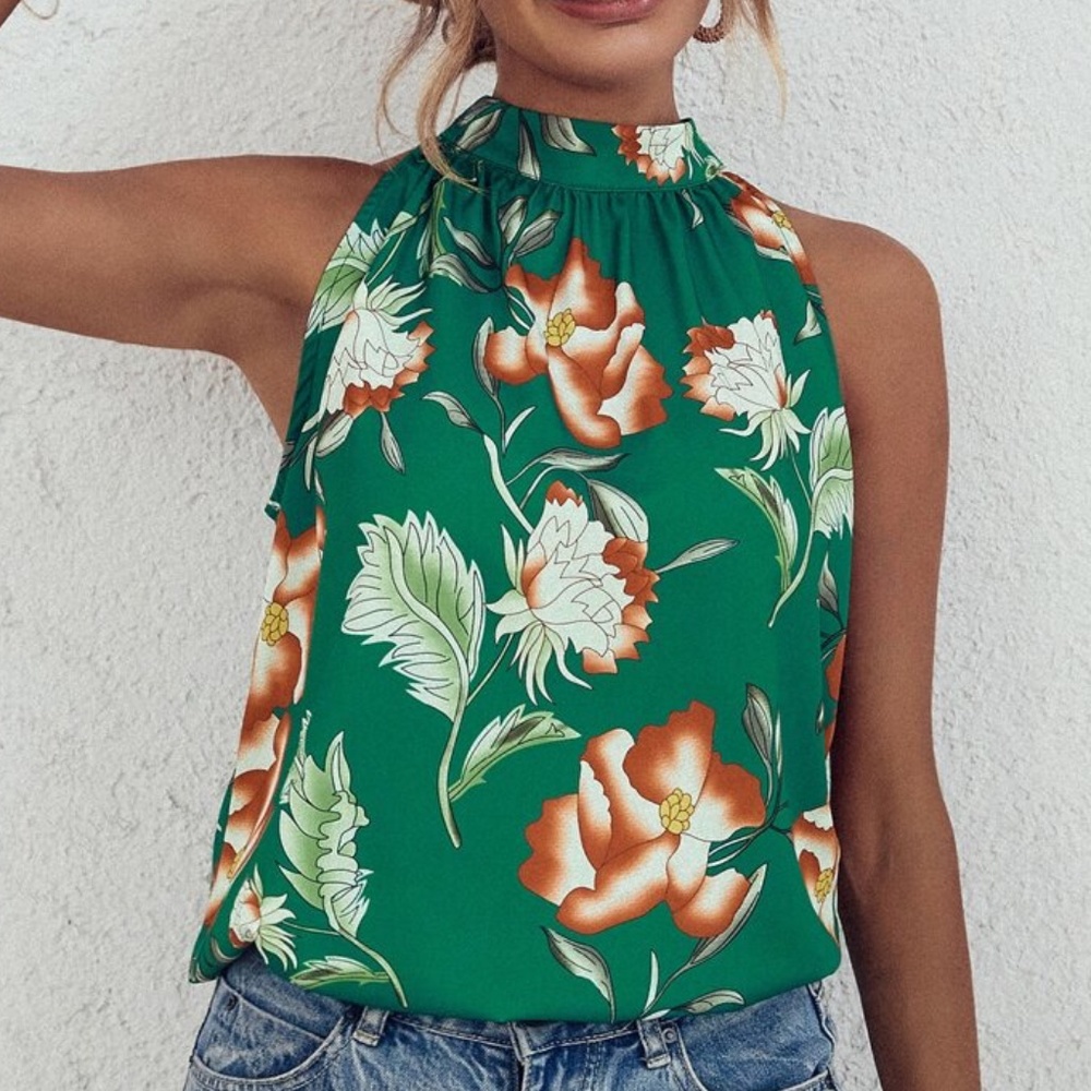 Boho Floral Print Halter Summer Tank Top - Picture 4 of 8